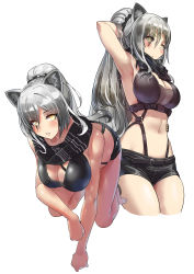 Rule 34 | 1girl, absurdres, all fours, animal ears, arknights, arm up, armpits, bare legs, barefoot, bikini, bikini top only, black bikini, black scarf, black shorts, blush, breasts, cat ears, cleavage, eyes visible through hair, hair between eyes, hand in own hair, highres, large breasts, long hair, looking at viewer, midriff, multiple views, navel, parted bangs, ponytail, scarf, schwarz (arknights), scrunchie, shizuoxing kof, short shorts, shorts, silver hair, simple background, strap, striped clothes, striped scarf, suspender shorts, suspenders, swimsuit, thighs, white background, yellow eyes