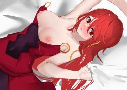 Rule 34 | 1girl, absurdres, ao oni (onioni-aoi), arm up, bed, blanket, blush, breasts, breasts out, commission, commissioner upload, douluo dalu, dress, highres, holding, holding blanket, long hair, looking at viewer, lying, ma xiaotao (douluo dalu), nipples, o-ring, o-ring top, on back, open mouth, red dress, red hair, skeb commission, solo, upper body