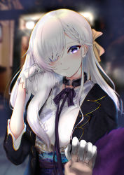 Rule 34 | 1girl, absurdres, azur lane, belfast (azur lane), belfast (folded fascination) (azur lane), blush, braid, breasts, closed mouth, collar, eye piercing, french braid, futon fly away, gloves, hair between eyes, hair ribbon, hand in own hair, highres, holding hands, japanese clothes, long hair, looking at viewer, medium breasts, official alternate costume, purple eyes, ribbon, silver hair, simple background, smile, solo, upper body, white gloves