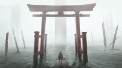 Rule 34 | 1girl, absurdres, commentary request, facing away, fog, from behind, highres, holding, jacket, long hair, long sleeves, ocean, original, outdoors, piroshiki (aoraro), scenery, sky, solo, standing, torii, water, water world, wide shot