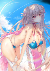 Rule 34 | 1girl, azur lane, bare shoulders, bent over, bikini, blue bikini, breasts, choker, commentary request, criss-cross halter, day, double bun, eyelashes, formidable (azur lane), formidable (the lady of the beach) (azur lane), hair bun, hair rings, halterneck, hanging breasts, inoue takuya (tactactak), large breasts, long hair, looking at viewer, multi-strapped bikini bottom, multi-strapped bikini top, outdoors, red eyes, sky, solo, swimsuit, very long hair