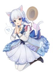 Rule 34 | !?, 1girl, animal ears, ayaka (genshin impact), blue bow, blue eyes, blue hair, blunt bangs, blush, boots, bow, brown hat, butterfly hair ornament, cat ears, cat girl, cat tail, dress, flower, flying sweatdrops, genshin impact, hair flower, hair ornament, hat, highres, kamisato ayaka, kamisato ayaka (springbloom missive), long sleeves, looking at viewer, mole, mole under eye, open mouth, own hands together, pantyhose, pink bow, shirase (shirose), simple background, solo, sweat, tail, unworn hat, unworn headwear, white background, white flower, white pantyhose