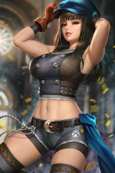 Rule 34 | 1girl, armpits, belt, belt chain, bike shorts, bike shorts under shorts, black hair, cabbie hat, church, crescent belt buckle, denim, denim shorts, final fantasy, final fantasy vii, final fantasy vii remake, gloves, hat, kyrie canaan, licking lips, looking at viewer, midriff, mole, mole on arm, mole on stomach, navel, neoartcore, short shorts, shorts, sleeveless, solo, square enix, stomach, thighhighs, tongue, tongue out