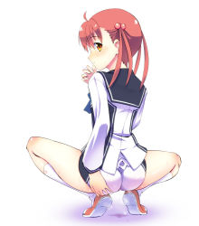 Rule 34 | 1girl, ahoge, ass, bad id, bad pixiv id, dripping, hair bobbles, hair ornament, inuga anahoru, isshiki momo, kneehighs, long hair, looking back, panties, pussy juice, red hair, school uniform, short shorts, shorts, socks, solo, squatting, steam, twintails, underwear, vividred operation, wet, wet clothes, wet panties, yellow eyes