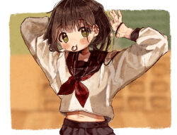 Rule 34 | 1girl, absurdres, arms up, black sailor collar, black skirt, border, brown hair, closed mouth, commentary request, green eyes, hair tie, hair tie in mouth, highres, kamizakana iriko, long sleeves, looking at viewer, mouth hold, navel, original, outside border, pleated skirt, sailor collar, school uniform, serafuku, shirt, skirt, smile, solo, tying hair, white border, white shirt