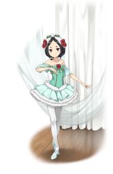 Rule 34 | 1girl, aqua footwear, ballet slippers, bare shoulders, black eyes, black hair, blue dress, blue footwear, collarbone, curtains, dress, flat chest, flower, full body, hair flower, hair ornament, hand up, highres, indoors, leggings, looking at viewer, official art, pantyhose, princess principal, princess principal game of mission, short hair, smile, solo, standing, toudou chise, transparent background, white pantyhose, wooden floor