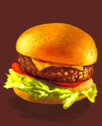 Rule 34 | brown background, burger, cheese, enonnbo, food, food focus, hair bun, lettuce, meat, no humans, original, shadow, simple background, still life, tomato, tomato slice