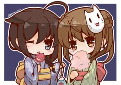 Rule 34 | 10s, 2girls, ahoge, alternate costume, bloom2425, brown hair, candy apple, chibi, cotton candy, double bun, food, hair flaps, hair over shoulder, hair ribbon, japanese clothes, kantai collection, long hair, long sleeves, michishio (kancolle), multiple girls, one eye closed, remodel (kantai collection), ribbon, shigure (kancolle), short hair, tress ribbon, twitter username, wide sleeves, yellow ribbon