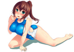 Rule 34 | 00s, 1girl, :d, arm support, bare legs, bare shoulders, barefoot, blush, bosshi, breasts, brown hair, collarbone, competition swimsuit, feet, green eyes, kneeling, large breasts, legs, long hair, looking at viewer, mizugi kanojo, mizuho (mizugi kanojo), one-piece swimsuit, open mouth, original, ponytail, simple background, smile, soles, solo, spread legs, swimsuit, toes, wet, white background