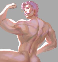 Rule 34 | 1boy, ass, back, back focus, back muscles, bara, biceps, cowboy shot, dieonysuz, earrings, flexing, from behind, highres, honkai: star rail, honkai (series), jewelry, looking at viewer, male focus, mature male, muscular, muscular male, nude, one eye closed, pink hair, seductive smile, short hair, smile, solo, sparkle, thick eyebrows, thick mustache, vitali (honkai: star rail)