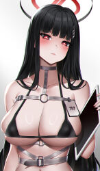 Rule 34 | 1girl, bikini, black bikini, black hair, blue archive, blush, breasts, cleavage, closed mouth, collarbone, gradient background, hair ornament, hairpin, halo, highres, holding, holding tablet pc, large breasts, long hair, looking at viewer, navel, red eyes, rio (blue archive), solo, sunkilow, swimsuit, tablet pc, upper body, very long hair