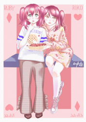 Rule 34 | 2girls, absurdres, alternate hairstyle, artist name, artist request, breasts, brown eyes, brown pants, checkered pants, cherry print, clothes writing, collarbone, cross-laced footwear, female focus, food, food-themed clothes, food print, full body, hair between eyes, heart, heart (symbol), highres, holding, holding plate, kurosawa ruby, long sleeves, love live!, love live! sunshine!!, multiple girls, nail, nail polish, nefielia, pants, pie, pink nails, pink skirt, pink sweater, plate, red hair, sakurauchi riko, shirt, shoes, short hair, short sleeves, skirt, small breasts, sneakers, sweater, white footwear, white shirt, yellow eyes