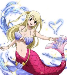 Rule 34 | alternate form, bare arms, bare shoulders, blonde hair, blush, bra, bracelet, brandish mew, breasts, brown eyes, cleavage, closed mouth, collarbone, fairy tail, fairy tail ultimate dance of magic, fins, fish tail, full body, green eyes, green hair, groin, hair tie, hand tattoo, hand up, jewelry, large breasts, long hair, looking down, lucy heartfilia, matching hair/eyes, mermaid, mermaid transformation, monster girl, multiple girls, navel, necklace, official art, pearl bracelet, pearl necklace, short hair, sky, space, star (sky), star (symbol), starry sky, surprised, tail, tattoo, transformation, twintails, underboob, underwear