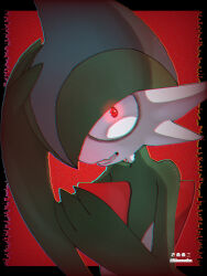 Rule 34 | 1boy, arm blade, artist name, black border, blue hair, border, chromatic aberration, colored skin, constricted pupils, creatures (company), evil smile, gallade, game freak, gen 4 pokemon, glitch, glowing, glowing eyes, green hair, green skin, grin, hair over one eye, hand on own head, hands up, highres, kinunuko, looking at viewer, male focus, mohawk, multicolored hair, multicolored skin, nintendo, one eye covered, outside border, pokemon, pokemon (creature), red background, red eyes, short hair, simple background, smile, solo, standing, teeth, twitter username, two-tone hair, two-tone skin, upper body, watermark, wavy mouth, weapon, white skin
