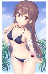Rule 34 | 1girl, bikini, black bikini, blue sky, breasts, brown hair, cloud, commentary request, cowboy shot, frilled bikini, frills, highres, kantai collection, kisaragi (kancolle), long hair, looking at viewer, minakami mimimi, palm leaf, purple eyes, sky, small breasts, smile, solo, standing, swimsuit