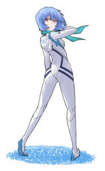 Rule 34 | 1girl, ass, ayanami rei, blue hair, blue scarf, bodysuit, breasts, closed mouth, commentary request, evangelion: 3.0+1.0 thrice upon a time, expressionless, from behind, full body, highres, looking at viewer, medium breasts, multicolored bodysuit, multicolored clothes, nagisa kaworu, neon genesis evangelion, pilot suit, plugsuit, rebuild of evangelion, red eyes, sashimi (sasihmi), scarf, short hair, simple background, solo, white background, white bodysuit