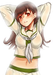 Rule 34 | 10s, 1girl, arms behind head, breasts, brown eyes, brown hair, contrapposto, deras, highres, kantai collection, long hair, long sleeves, looking at viewer, midriff, navel, neckerchief, ooi (kancolle), pleated skirt, remodel (kantai collection), sailor collar, school uniform, serafuku, skirt, solo, standing, white background