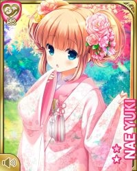 Rule 34 | 1girl, :o, arm out, blue eyes, brown hair, character name, day, floral print, flower, girlfriend (kari), hair flower, hair ornament, hands in sleeves, japanese clothes, kimono, long hair, official art, open mouth, outdoors, pink kimono, print kimono, qp:flapper, ribbon, sash, solo, twintails, yuuki nae