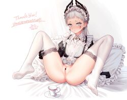 Rule 34 | 1girl, absurdres, anus, arknights, bar censor, bed sheet, black gloves, blush, censored, cleft of venus, closed mouth, cup, dress, earrings, frilled pillow, frills, full body, gloves, grey eyes, grey hair, has bad revision, has downscaled revision, highres, irene (arknights), jewelry, kep (ahokep), knees up, long hair, looking at viewer, maid headdress, md5 mismatch, no panties, no shoes, pillow, pussy, resolution mismatch, saucer, scar, scar across eye, sitting, solo, source smaller, spread legs, teacup, thighhighs, white background, white dress, white thighhighs
