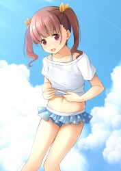 Rule 34 | 1girl, bikini, bikini skirt, blue sky, brown hair, check commentary, cloud, cloudy sky, commentary request, cowboy shot, day, embarrassed, highres, looking at viewer, open mouth, original, outdoors, polka dot, polka dot bikini, red eyes, see-through, shibacha, shirt, short hair, sky, solo, swimsuit, swimsuit under clothes, twintails