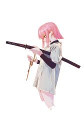 Rule 34 | 1girl, absurdres, bchan1582, blush, cropped legs, dirty, dirty clothes, from side, grey shirt, highres, holding, holding ribbon, holding sword, holding weapon, katana, layered sleeves, long sleeves, looking down, original, pink eyes, pink hair, ribbon, sheath, sheathed, shirt, short hair, short over long sleeves, short sleeves, sidelocks, simple background, solo, sword, weapon