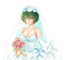 Rule 34 | 1girl, bare shoulders, beckoning, bouquet, breasts, bridal veil, cleavage, cowboy shot, dress, earrings, flower, foreshortening, green hair, hair between eyes, highres, jewelry, kazami yuuka, looking at viewer, necklace, open mouth, pink rose, pov, puchikya, red eyes, ring, rose, short hair, solo, strapless, strapless dress, touhou, veil, wedding band, wedding dress, white background, white dress