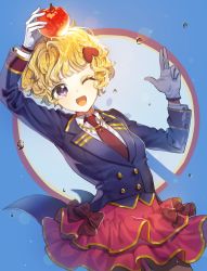 Rule 34 | 1girl, ;d, apple on head, blonde hair, blue background, blue jacket, bow, gloves, gold trim, hair ornament, hands up, heart, heart hair ornament, highres, jacket, long sleeves, mongpu, necktie, one eye closed, open mouth, original, purple eyes, red bow, red neckwear, red skirt, short hair, simple background, skirt, smile, standing, uniform, white gloves
