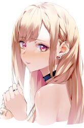 1girl absurdres black_choker blonde_hair blush choker ear_piercing earrings embarrassed fingernails from_side hands_up highres jewelry kitagawa_marin long_fingernails long_hair looking_at_viewer mikaduki_3636 nail_polish nude parted_bangs piercing pink_nails red_eyes ring simple_background solo sono_bisque_doll_wa_koi_wo_suru white_background