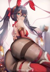 Rule 34 | 1girl, absurdres, alternate costume, animal ears, aqua eyes, ass, bare shoulders, black hair, black pantyhose, blush, bow, breasts, christmas, coin, elbow gloves, fake animal ears, from behind, genshin impact, gloves, gold coin, hair between eyes, hair bow, hair ornament, highres, huge ass, leotard, long hair, looking at viewer, looking back, medium breasts, mirai hikari, mona (genshin impact), pantyhose, playboy bunny, pom pom (clothes), rabbit ears, rabbit tail, shiny clothes, shiny skin, sideboob, simple background, sitting, smile, solo, tail, thighhighs, thighs, twintails, very long hair, white background, yokozuwari