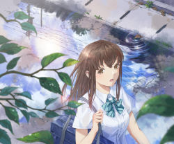 Rule 34 | 1girl, bag, blue sky, bow, bowtie, brown eyes, brown hair, green bow, green bowtie, gurafuru, leaf, long hair, looking at viewer, open mouth, original, outdoors, puddle, reflection, school bag, school uniform, shirt, sky, striped bow, striped bowtie, striped clothes, white shirt