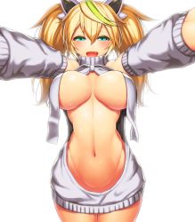 Rule 34 | 1girl, aqua eyes, aran sweater, asamura hiori, blonde hair, breasts, cable knit, convenient censoring, cowboy shot, detached sleeves, dress, fang, gene (pso2), groin, hair between eyes, hair ornament, half-closed eyes, highres, large breasts, long hair, looking at viewer, meme attire, naked sweater, navel, open mouth, phantasy star, phantasy star online 2, revision, simple background, smile, solo, sweater, sweater dress, toned, turtleneck, turtleneck sweater, twintails, underboob, virgin killer sweater, wardrobe error, white background, white sweater, wide hips