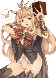 Rule 34 | 10s, 1girl, adapted costume, alternate eye color, arm behind head, black thighhighs, black vest, blonde hair, blue eyes, blunt bangs, book, bow, bracer, cagliostro (granblue fantasy), cameltoe, cape, cellphone, cowboy shot, creatures (company), d:, eyelashes, fingernails, game freak, gen 1 pokemon, granblue fantasy, hand in own hair, highleg, highleg panties, highres, holding, holding phone, long hair, looking away, looking to the side, nintendo, open book, open mouth, panties, phone, pikachu, pokemon, pokemon (creature), pokemon go, raid slash, red bow, shirt, simple background, sleeveless, sleeveless shirt, smartphone, smartphone case, solo, speech bubble, spoken pokemon, thighhighs, underwear, vest, white background, white panties, white shirt