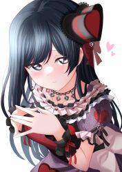 Rule 34 | 1girl, absurdres, black hair, black hat, blush, bow, breasts, closed mouth, collarbone, dress, frilled dress, frills, furrowed brow, grey eyes, hat, heart, heart-shaped hat, heart necklace, heart print, highres, jewelry, long hair, looking at viewer, love live!, love live! nijigasaki high school idol club, medium breasts, necklace, own hands clasped, own hands together, pink bow, puffy sleeves, purple dress, short sleeves, solo, tilted headwear, tsubuan (in taiyaki), upper body, white background, wrist cuffs, yuki setsuna (love live!)