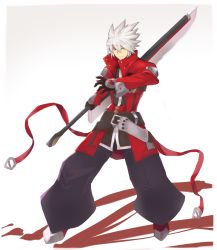 Rule 34 | 1boy, belt, black gloves, blazblue, closed mouth, derivative work, gloves, gradient background, green eyes, hair between eyes, heterochromia, highres, holding, holding sword, holding weapon, male focus, ragna the bloodedge, red eyes, solo, sword, weapon, white hair, yonaga san