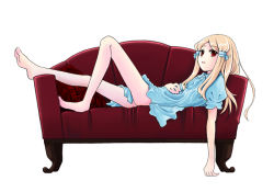 Rule 34 | 1girl, barefoot, blonde hair, blue dress, couch, dress, feet, female focus, full body, hair tubes, hand on own stomach, kuroda bb, looking at viewer, lying, on back, original, puffy short sleeves, puffy sleeves, red eyes, red upholstery, short sleeves, simple background, soles, solo, white background