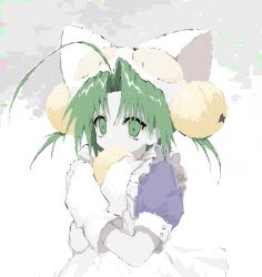 Rule 34 | 1girl, absurdres, animal hands, animal hat, antenna hair, apron, auksechan, bell, cat hat, dejiko, di gi charat, dice hair ornament, dress, gloves, green eyes, green hair, hair bell, hair ornament, hat, highres, jingle bell, maid apron, mittens, paw gloves, paw shoes, solo, white mittens