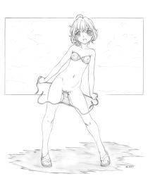 Rule 34 | 1girl, belly, bikini, breasts, censored, collarbone, covered erect nipples, full body, greyscale, harumachi nagaaki, legs, monochrome, navel, open clothes, open mouth, original, revision, sandals, short hair, side-tie bikini bottom, small breasts, smile, solo, spread legs, standing, swimsuit, toes, undressing