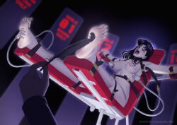 Rule 34 | 1girl, 6+boys, alternate breast size, barefoot, breasts, completely nude, feet, grabbing, grabbing another&#039;s breast, highres, humiliation, katsuragi misato, kusujinn, large breasts, long hair, multiple boys, neon genesis evangelion, nipples, nude, open mouth, ponytail, purple hair, restrained, shiny skin, simple background, sweat, sweatdrop, tears, tickle torture, tickling, toes, torture