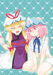 Rule 34 | 2girls, adult baby, alternate costume, bad id, bad pixiv id, bib, blonde hair, breasts, closed eyes, commentary request, diaper, dress, hair up, hand on another&#039;s head, hat, hat ribbon, head tilt, kneeling, laughing, leaning forward, long hair, mob cap, multiple girls, open mouth, parted lips, pink eyes, pink hair, rattle, ribbon, saigyouji yuyuko, shaded face, short hair, sitting, tabard, tamiko (paseri), teeth, tongue, touhou, triangular headpiece, underboob, wariza, white dress, yakumo yukari