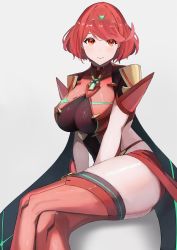 Rule 34 | 1girl, absurdres, black gloves, bob cut, breasts, chest jewel, earrings, fingerless gloves, gloves, highres, jewelry, large breasts, matsukan (dug pile), pyra (xenoblade), red eyes, red hair, red shorts, red thighhighs, short hair, short shorts, shorts, solo, swept bangs, thighhighs, thighs, tiara, xenoblade chronicles (series), xenoblade chronicles 2