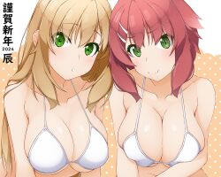 Rule 34 | 2024, 2girls, bikini, blonde hair, blush, breasts, cleavage, closed mouth, collarbone, commentary request, green eyes, hinata masaki, large breasts, long hair, looking at viewer, multiple girls, original, red hair, short hair, smile, swimsuit, translation request, upper body, white bikini