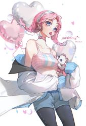 Rule 34 | 1girl, animal, arknights, balloon, bare shoulders, black pants, blue eyes, blue poison (arknights), blue poison (shoal beat) (arknights), blue shorts, breasts, candy, cat, chinese commentary, choker, collarbone, commentary request, cowboy shot, crop top, earrings, food, food in mouth, hairband, heart balloon, highres, holding, holding animal, holding cat, jacket, jewelry, leggings, leggings under shorts, lollipop, long hair, long sleeves, looking at viewer, midriff, mouth hold, nanmi carrot, off shoulder, pants, pantyhose, pink choker, pink hair, short shorts, shorts, simple background, small breasts, solo, spaghetti strap, sports bra, standing, stomach, white background, white jacket