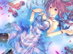 Rule 34 | 1girl, afloat, alternate costume, bare shoulders, black thighhighs, blush, dress, female focus, flower, highres, kurpre-kuroneko, long hair, looking at viewer, patchouli knowledge, purple eyes, purple hair, solo, strapless, strapless dress, striped clothes, striped dress, thighhighs, touhou, vertical stripes, wallpaper, water, wet, wet clothes