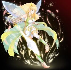 Rule 34 | 1girl, blonde hair, blue eyes, boots, elf, fairy wings, full body, gauntlets, green footwear, highres, holding, holding sword, holding weapon, jewelry, long hair, looking to the side, necklace, okauititia, olivier (sennen sensou aigis), pointy ears, sennen sensou aigis, solo, standing, standing on one leg, sword, thighhighs, weapon, white thighhighs, wings