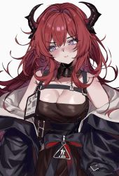 Rule 34 | 1girl, aogisa, arknights, black collar, black dress, black jacket, blush, breasts, cleavage, collar, commission, demon horns, detached collar, dress, highres, horns, id card, jacket, large breasts, long hair, looking to the side, off shoulder, open clothes, open jacket, purple eyes, red hair, simple background, skeb commission, solo, surtr (arknights), upper body, white background