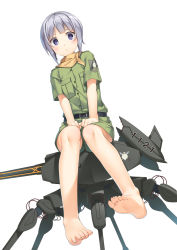 Rule 34 | 1girl, anniversary, barefoot, belt, blue eyes, blunt bangs, blush, commentary, frown, highres, kannagi noel, knees together feet apart, looking at viewer, mecha, military, military uniform, moti ken, non-humanoid robot, robot, scarf, short hair, short shorts, shorts, silver hair, simple background, sitting, solo, sora no woto, uniform, white background