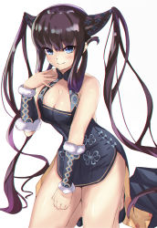 Rule 34 | 1girl, bare shoulders, black dress, blue eyes, blush, breasts, china dress, chinese clothes, cleavage, closed mouth, detached sleeves, dress, fate/grand order, fate (series), hair ornament, highres, kneeling, large breasts, long hair, looking at viewer, purple hair, side slit, sidelocks, simple background, smile, thighs, twintails, very long hair, white background, yahan (mctr5253), yang guifei (fate), yang guifei (second ascension) (fate)