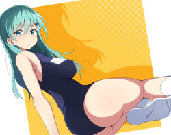 Rule 34 | 1girl, aqua hair, arm support, ass, blue eyes, blush, border, breasts, closed mouth, hair between eyes, hair ornament, hairclip, highres, kantai collection, large breasts, long hair, looking at viewer, nel-c, one-piece swimsuit, school swimsuit, sideboob, sitting, socks, solo, suzuya (kancolle), swimsuit, twisted torso, two-tone background, white border, white socks, yellow background