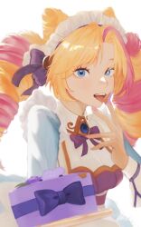 Rule 34 | 1girl, blonde hair, blue eyes, bow, bowtie, box, breasts, cafe cuties (league of legends), cafe cuties gwen, cleavage, cone hair bun, drill hair, ganjing, gift, gift box, gwen (league of legends), hair bow, hair bun, hand up, highres, league of legends, long fingers, long hair, long sleeves, looking at viewer, maid, maid headdress, medium breasts, multicolored hair, nail polish, open mouth, parted bangs, pink hair, pink nails, smile, solo, tongue, tongue out, twin drills, twintails, two-tone hair, upper body
