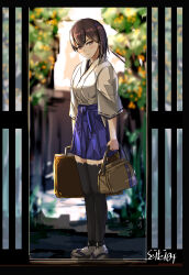 Rule 34 | 1girl, artist name, bag, black thighhighs, blue hakama, blurry, blurry background, brown hair, closed mouth, commentary request, doorway, full body, geta, hakama, hakama short skirt, hakama skirt, highres, holding, holding bag, holding suitcase, japanese clothes, kaga (kancolle), kantai collection, kimono, long hair, looking at viewer, okobo, pov doorway, redrawn, sandals, seitei (04seitei), side ponytail, skirt, smile, socks, solo, suitcase, thighhighs, white kimono, white socks, zettai ryouiki